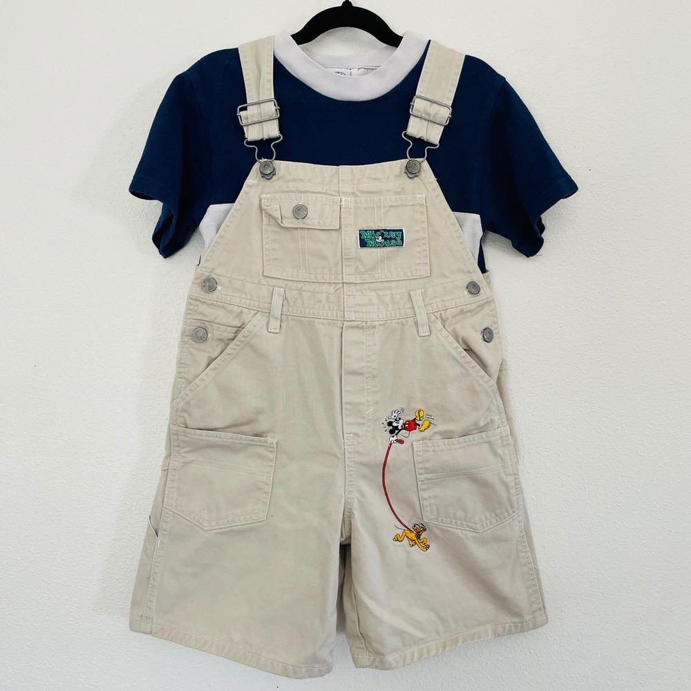 Vtg 90s Mickey & Co Boys 7 Khaki Shortalls with Navy Shirt Embroidered Pluto EUC